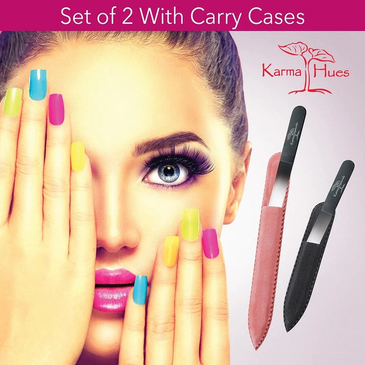 Karma Naturals Set of 2 Glass Nail Files; in Blue and Pink Velvet Pouches
